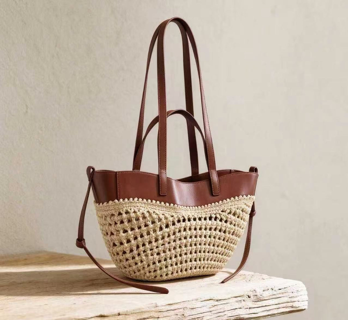 Hand-woven raffia and smooth faux leather